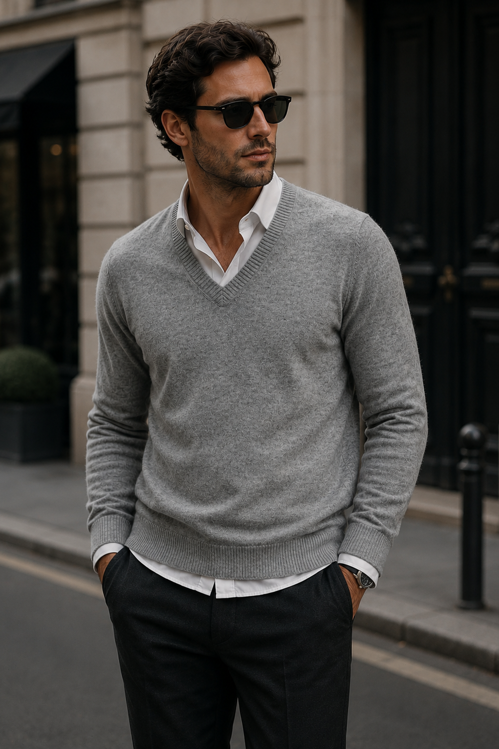 Slate Mélange Cashmere V-Neck