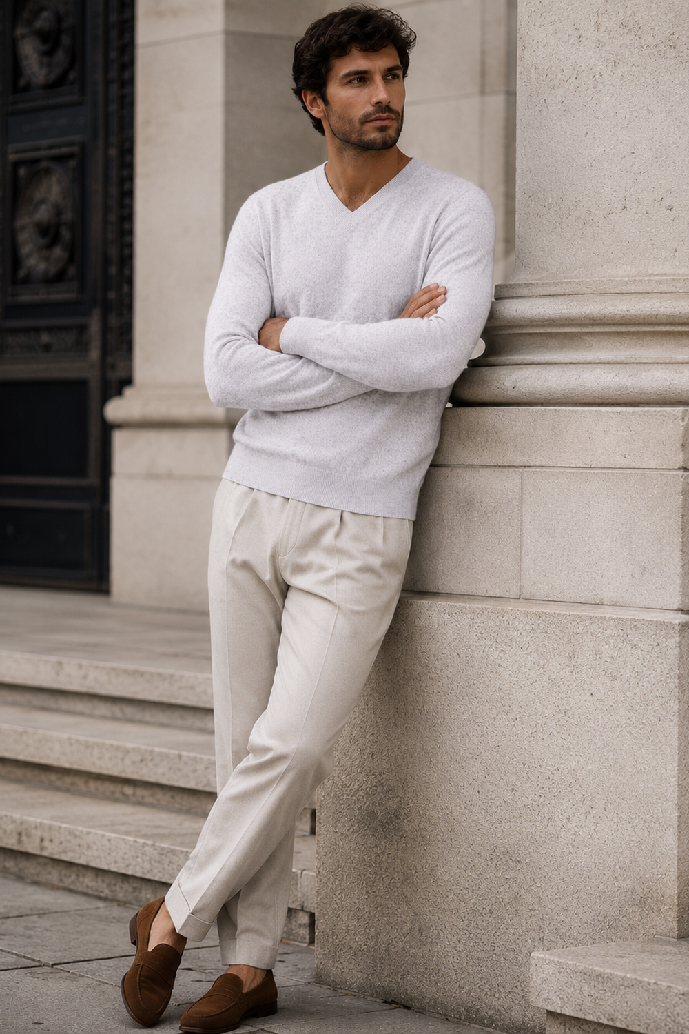 Stone Mélange Cashmere V-Neck